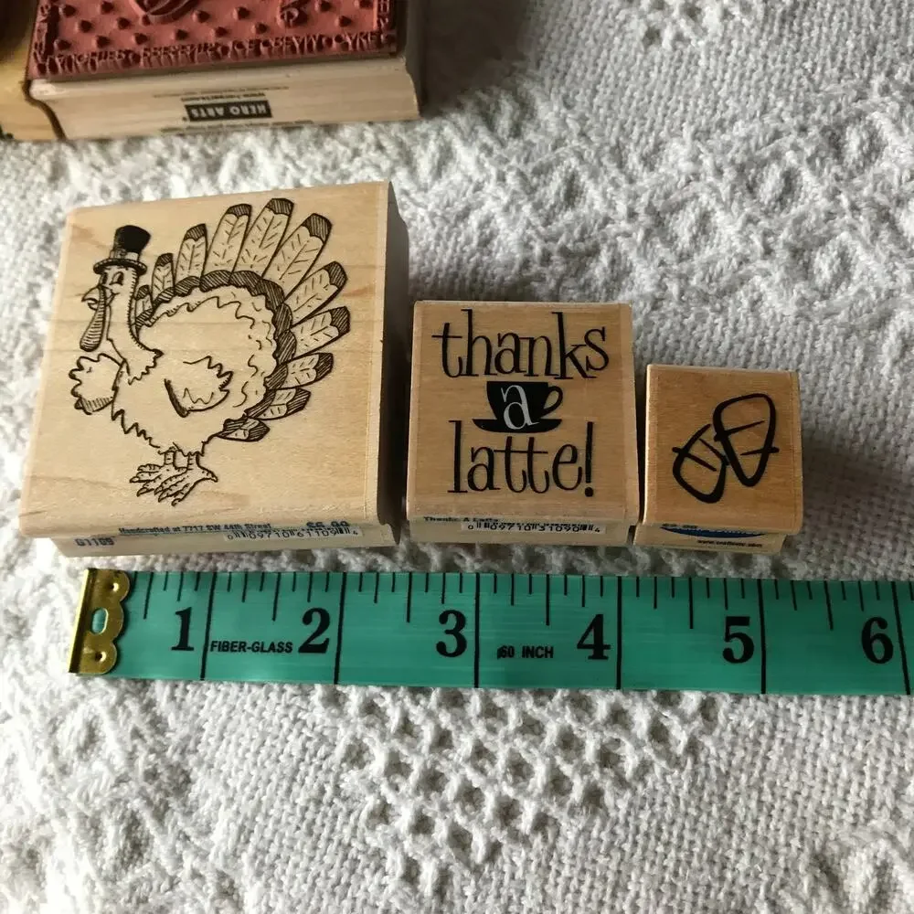 Pre-owned Wood-backed Rubber Stamp Holiday Lot of 8 stamps turkey birthday more
